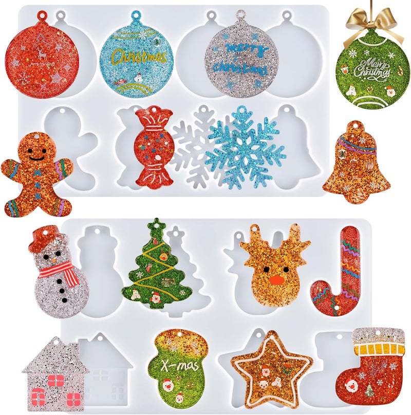 Actvty Christmas Resin Molds, 2 PCS Christmas Ornaments Silicone Molds for Epoxy Resin, 16 Cavities Large Pendant Molds DIY Resin Crafts Jewelry Keychain Xmas Gift Christmas Tree Decor - Image 1